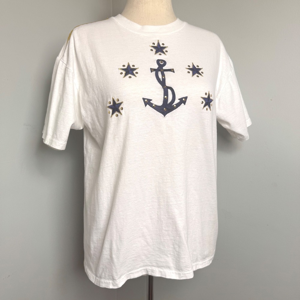 Classics by S.A.M. Nautical‎ Anchor Graphic T-Shirt Gold Rope Detail Vintage SS